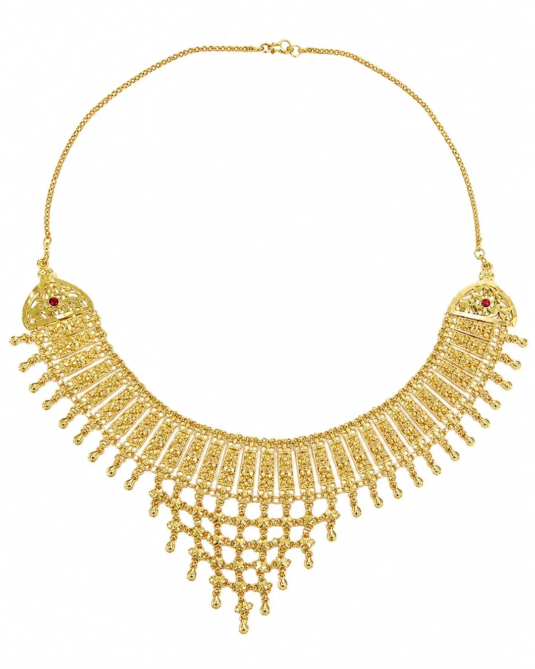 GOLD-TONE BRIDAL CHOKER NECKLACE WITH INTRICATE FILIGREE DESIGN, RED STONE ACCENTS & DANGLING TASSELS