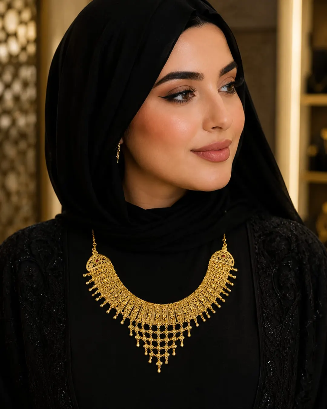 GOLD-TONE BRIDAL CHOKER NECKLACE WITH INTRICATE FILIGREE DESIGN, RED STONE ACCENTS & DANGLING TASSELS