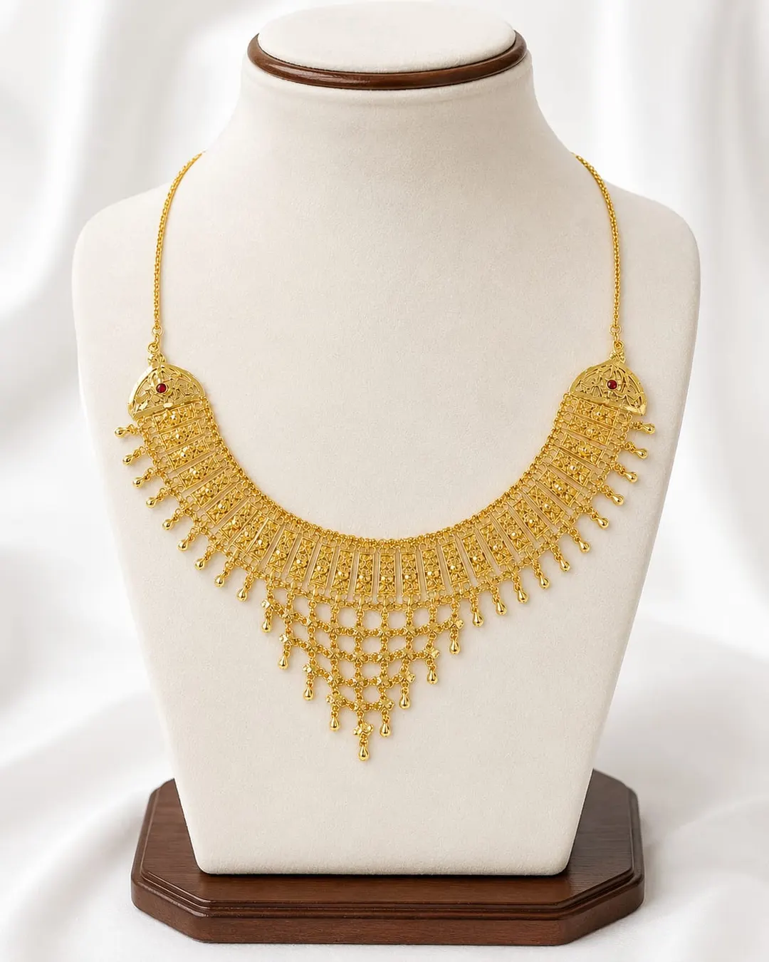 GOLD-TONE BRIDAL CHOKER NECKLACE WITH INTRICATE FILIGREE DESIGN, RED STONE ACCENTS & DANGLING TASSELS