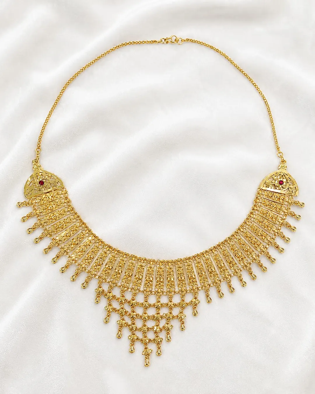 GOLD-TONE BRIDAL CHOKER NECKLACE WITH INTRICATE FILIGREE DESIGN, RED STONE ACCENTS & DANGLING TASSELS