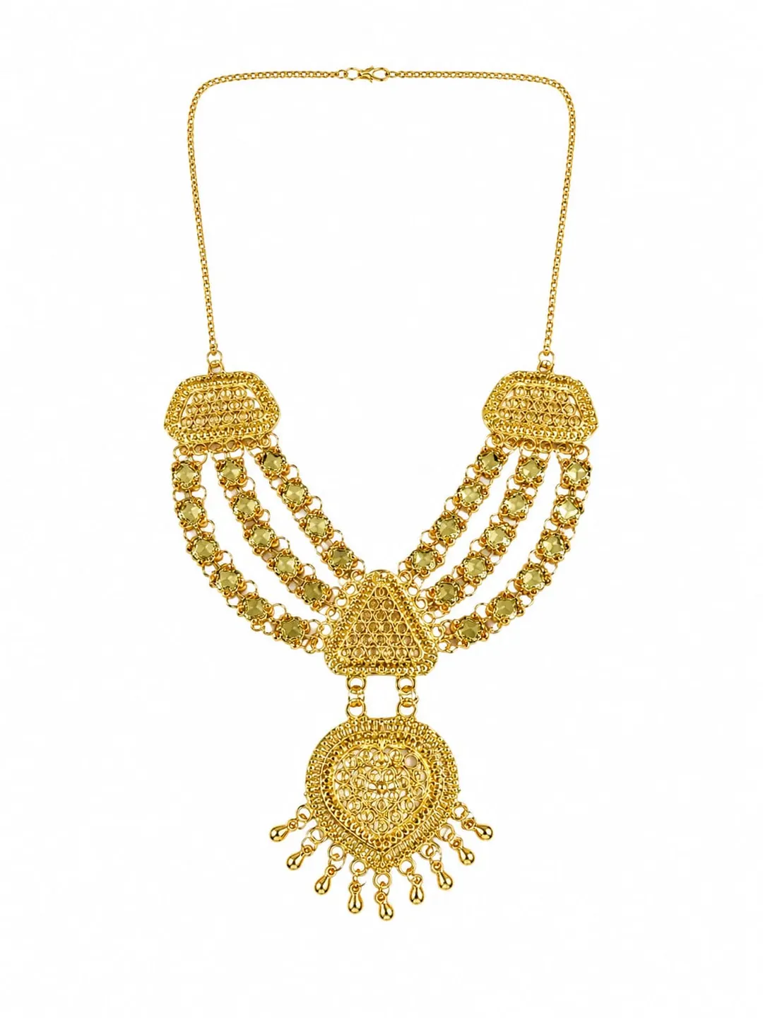 GOLD-TONE TRIPLE-LAYERED RANI HAAR NECKLACE WITH INTRICATE BEADWORK & ORNATE DANGLING PENDANT