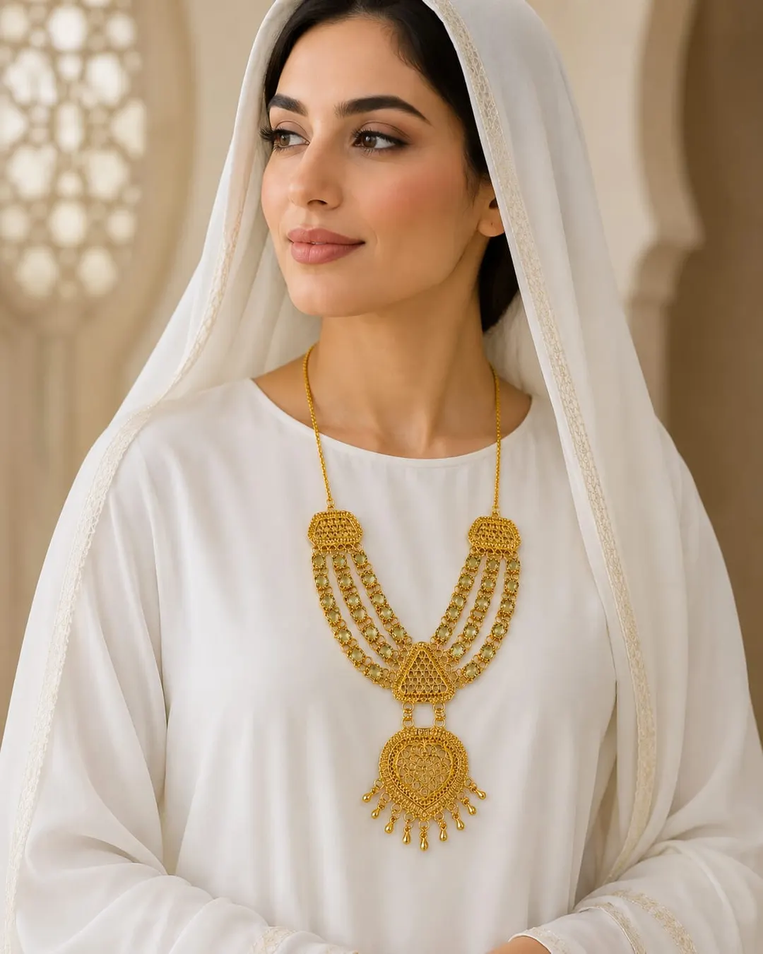 GOLD-TONE TRIPLE-LAYERED RANI HAAR NECKLACE WITH INTRICATE BEADWORK & ORNATE DANGLING PENDANT