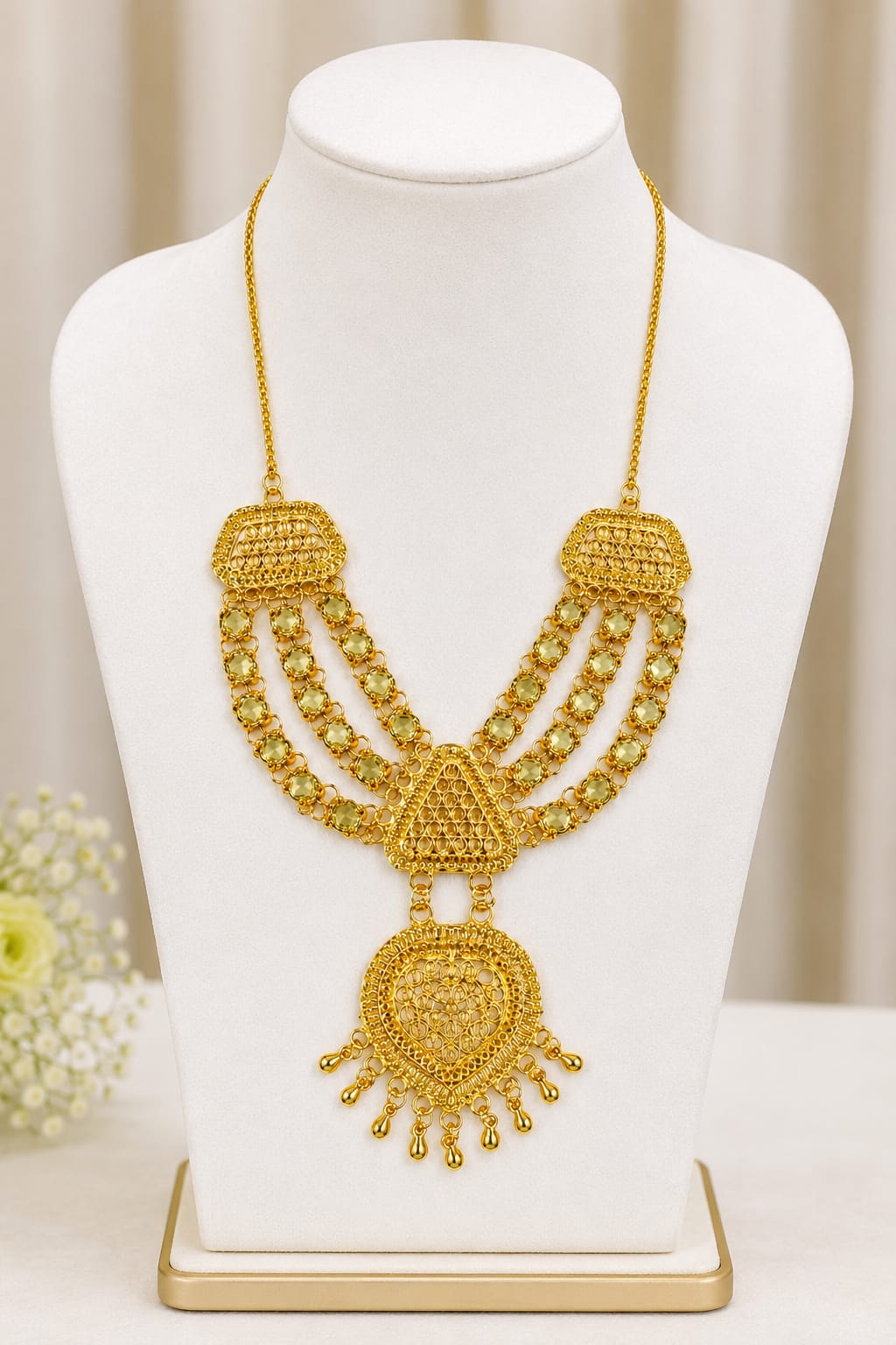 GOLD-TONE TRIPLE-LAYERED RANI HAAR NECKLACE WITH INTRICATE BEADWORK & ORNATE DANGLING PENDANT