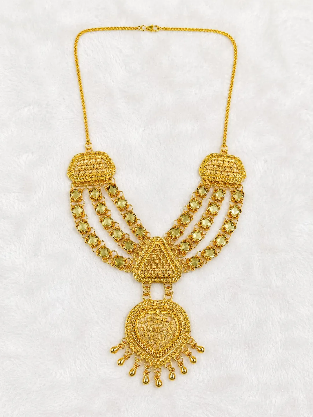 GOLD-TONE TRIPLE-LAYERED RANI HAAR NECKLACE WITH INTRICATE BEADWORK & ORNATE DANGLING PENDANT