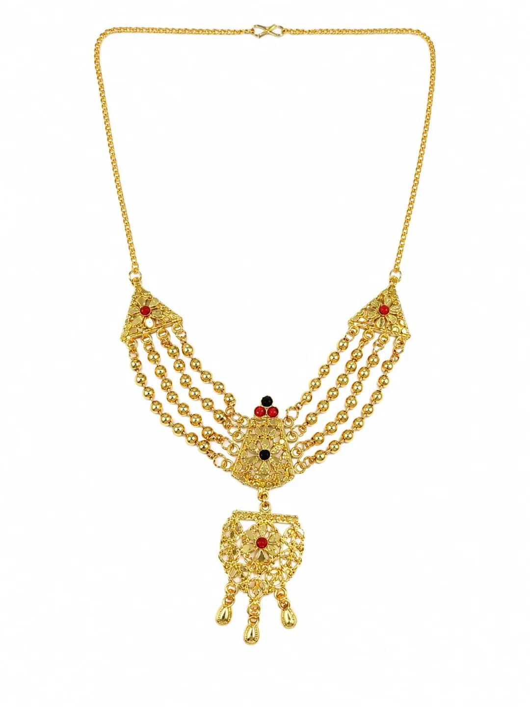 GOLD-TONE MULTI-STRAND RANI HAAR NECKLACE WITH RED & GREEN STONE ACCENTS AND ORNATE DANGLING PENDANT
