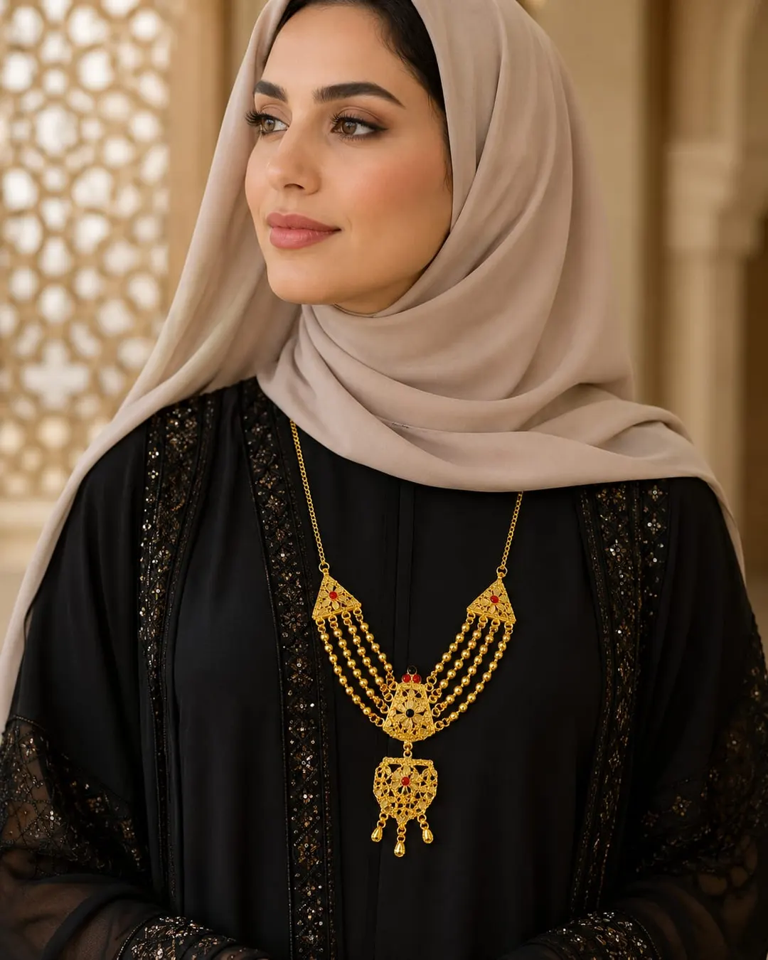 GOLD-TONE MULTI-STRAND RANI HAAR NECKLACE WITH RED & GREEN STONE ACCENTS AND ORNATE DANGLING PENDANT