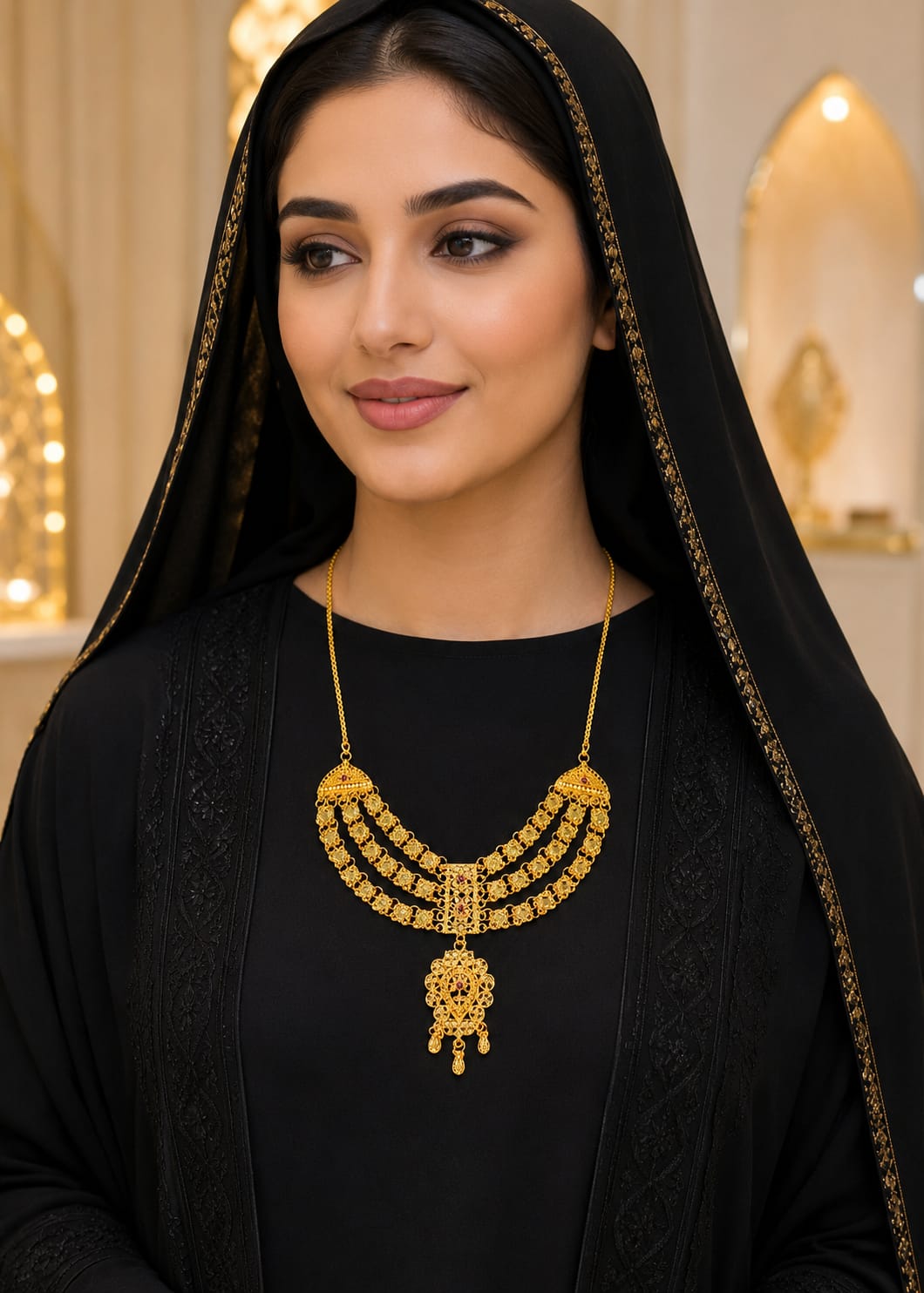 GOLD-TONE TRIPLE-LAYERED NECKLACE WITH RED STONE ACCENTS & FLORAL DANGLING PENDANT