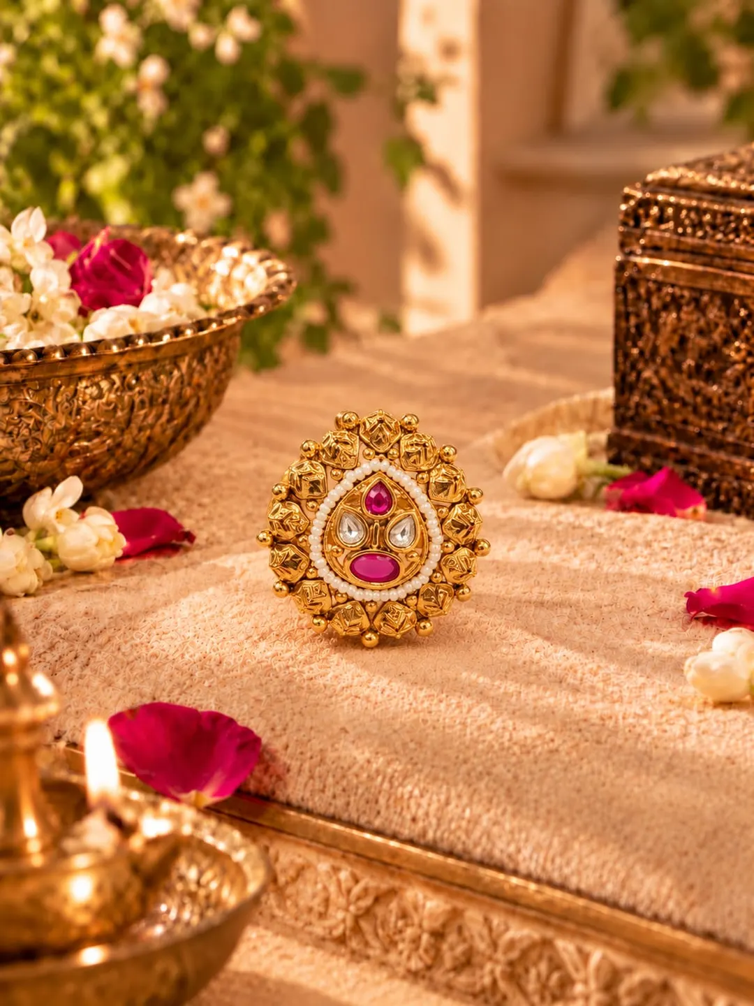 SWARNA  LOTUS MOTIF GEMSTONE RING.
