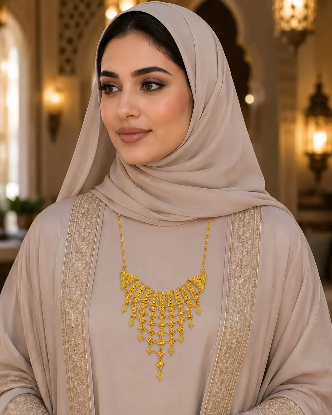 GOLD-TONE BRIDAL NECKLACE WITH INTRICATE FILIGREE DESIGN & LAYERED DANGLING TASSELS