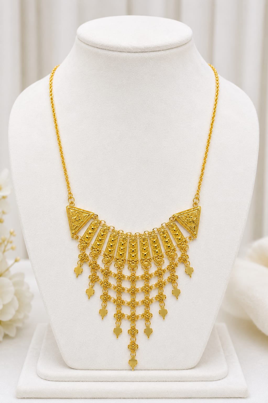 GOLD-TONE BRIDAL NECKLACE WITH INTRICATE FILIGREE DESIGN & LAYERED DANGLING TASSELS
