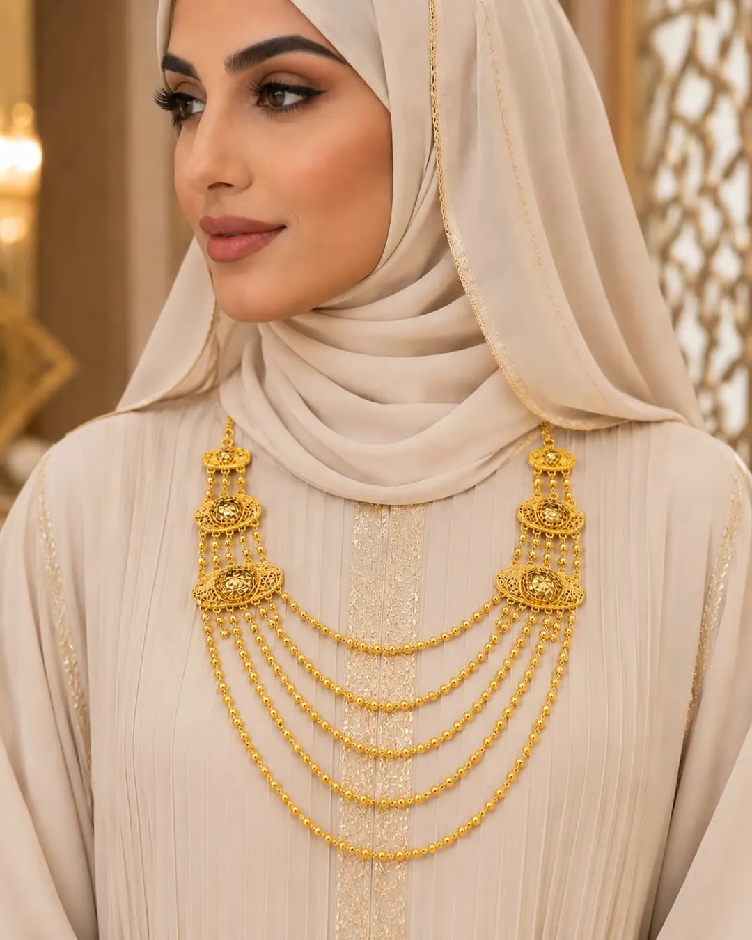 TRADITIONAL ARABIC GOLD-TONE MULTI-LAYERED BIB NECKLACE WITH ORNATE FILIGREE MOTIFS & DRAPED BEADED CHAINS