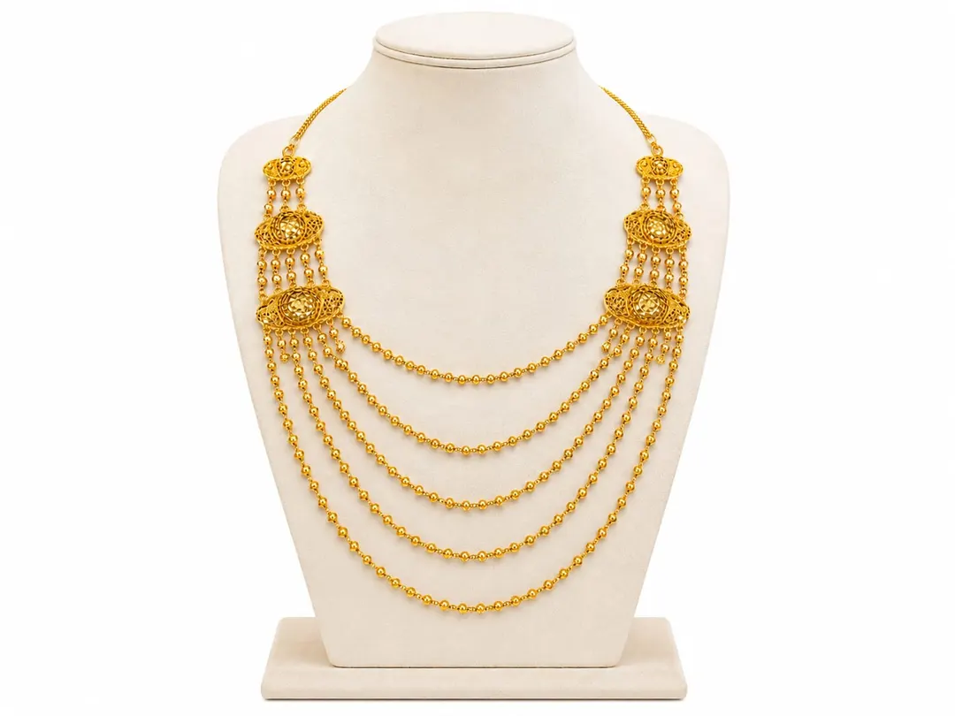 TRADITIONAL ARABIC GOLD-TONE MULTI-LAYERED BIB NECKLACE WITH ORNATE FILIGREE MOTIFS & DRAPED BEADED CHAINS