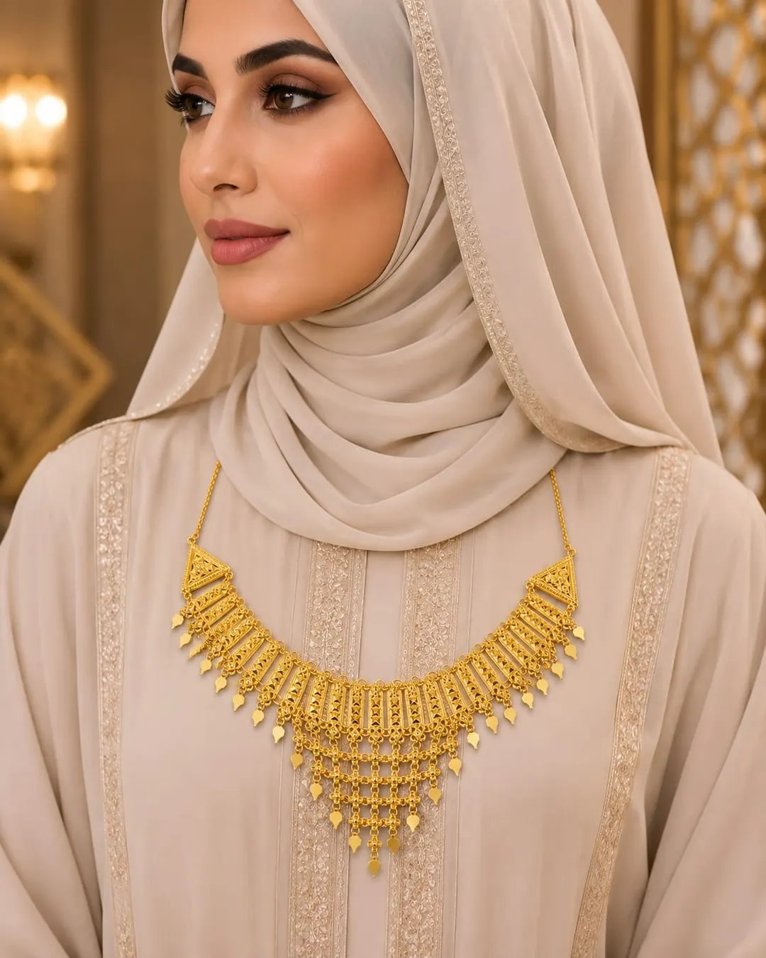 ARABIC GOLD-TONE BRIDAL BIB NECKLACE WITH INTRICATE FILIGREE DESIGN & LAYERED DANGLING TASSELS