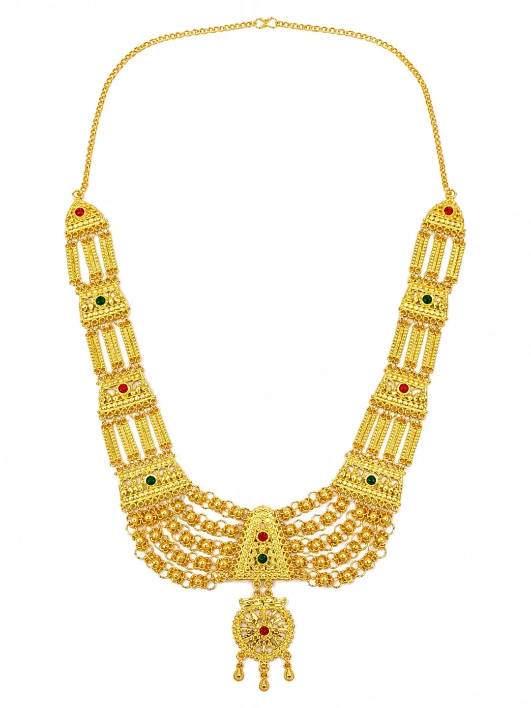 TRADITIONAL GOLD-PLATED MULTI-LAYER BRIDAL NECKLACE WITH RUBY & EMERALD STONE ACCENTS