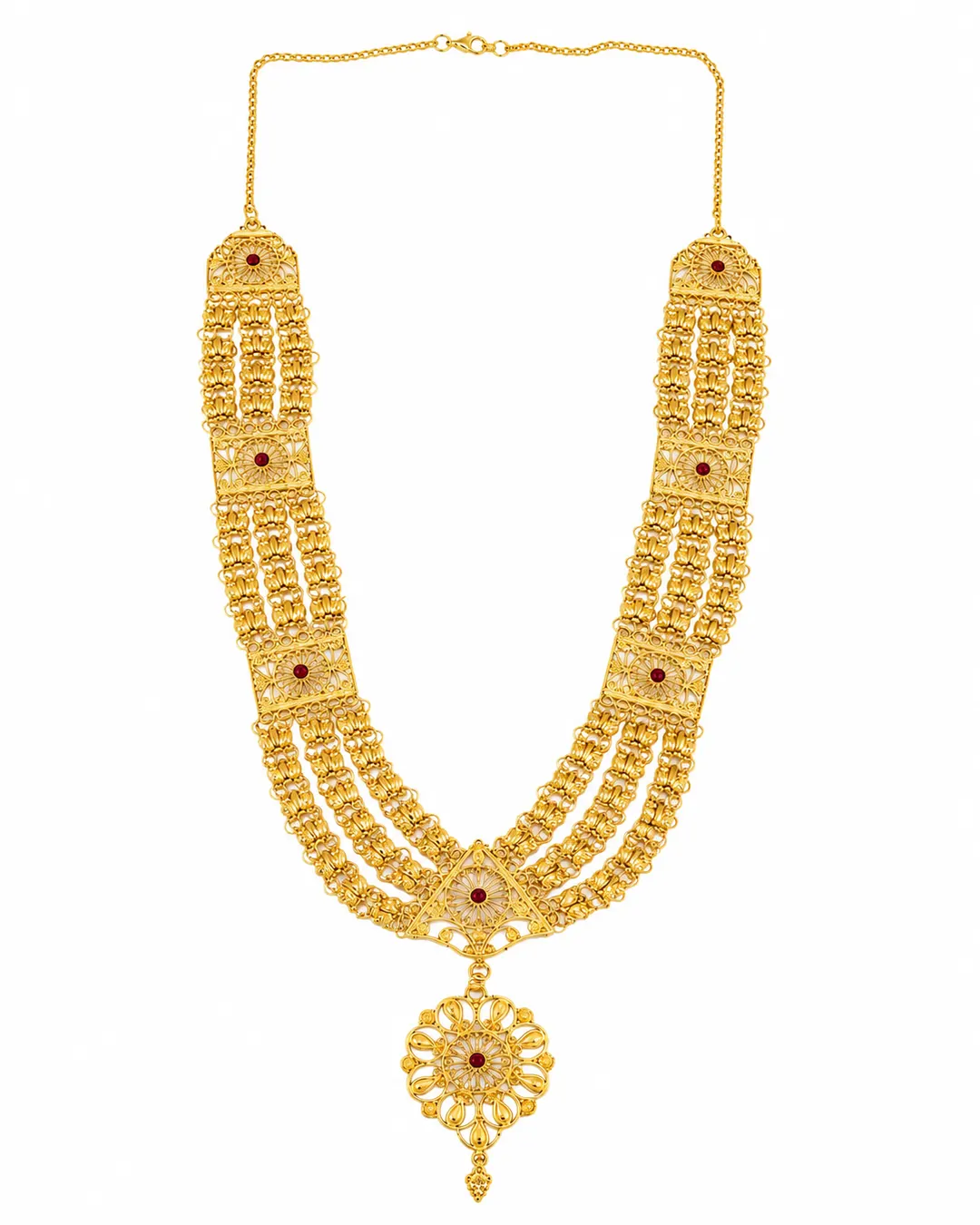 TRADITIONAL GOLD-TONE MULTI-LAYERED RANI HAAR NECKLACE WITH RED STONE ACCENTS & FLORAL PENDANT