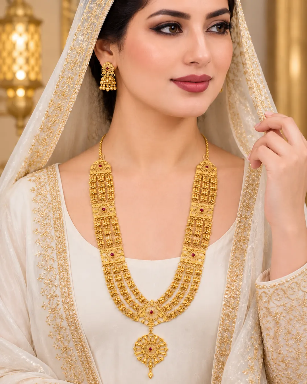 TRADITIONAL GOLD-TONE MULTI-LAYERED RANI HAAR NECKLACE WITH RED STONE  ACCENTS & FLORAL PENDANT