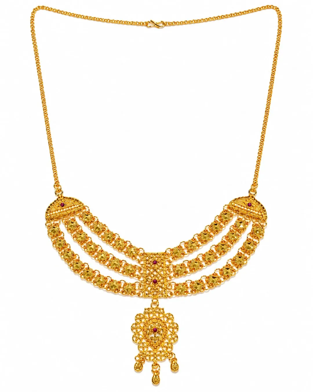 GOLD-TONE TRIPLE-LAYERED NECKLACE WITH RED STONE ACCENTS & FLORAL DANGLING PENDANT