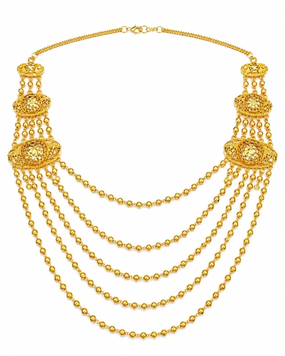 TRADITIONAL ARABIC GOLD-TONE MULTI-LAYERED BIB NECKLACE WITH ORNATE FILIGREE MOTIFS & DRAPED BEADED CHAINS