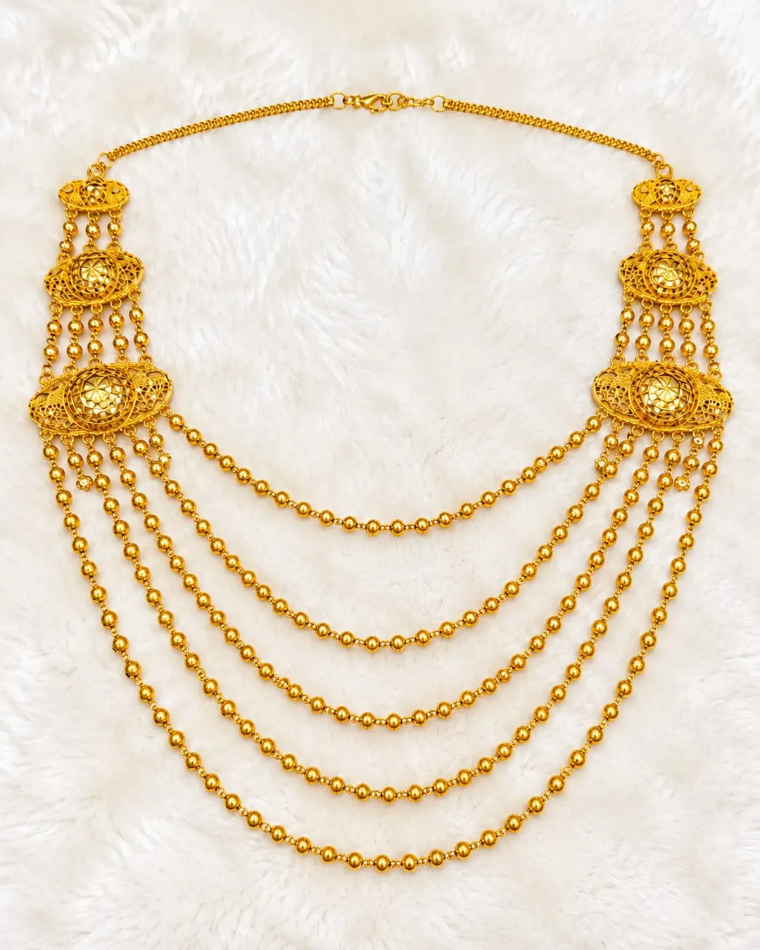 TRADITIONAL ARABIC GOLD-TONE MULTI-LAYERED BIB NECKLACE WITH ORNATE FILIGREE MOTIFS & DRAPED BEADED CHAINS