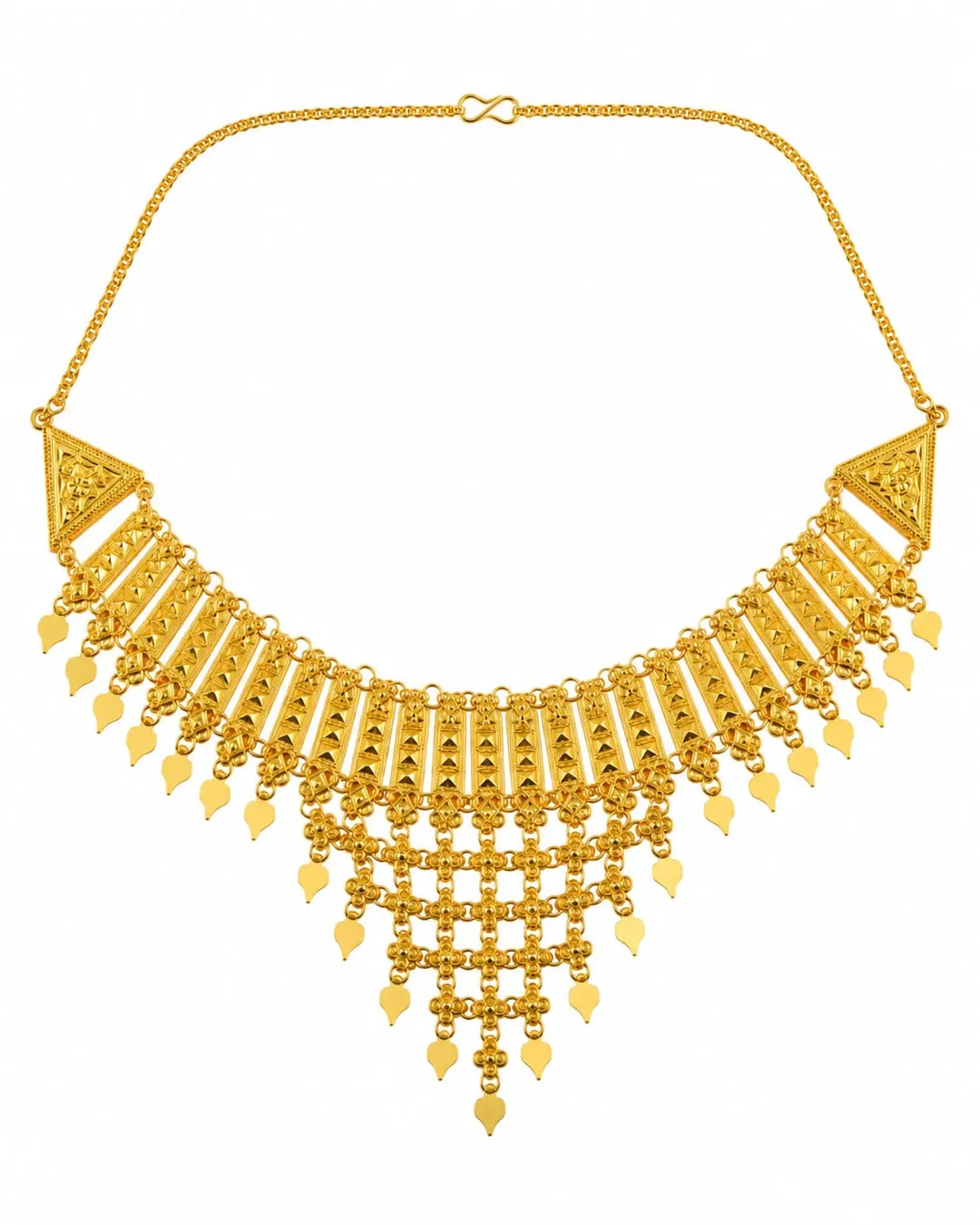 ARABIC GOLD-TONE BRIDAL BIB NECKLACE WITH INTRICATE FILIGREE DESIGN & LAYERED DANGLING TASSELS