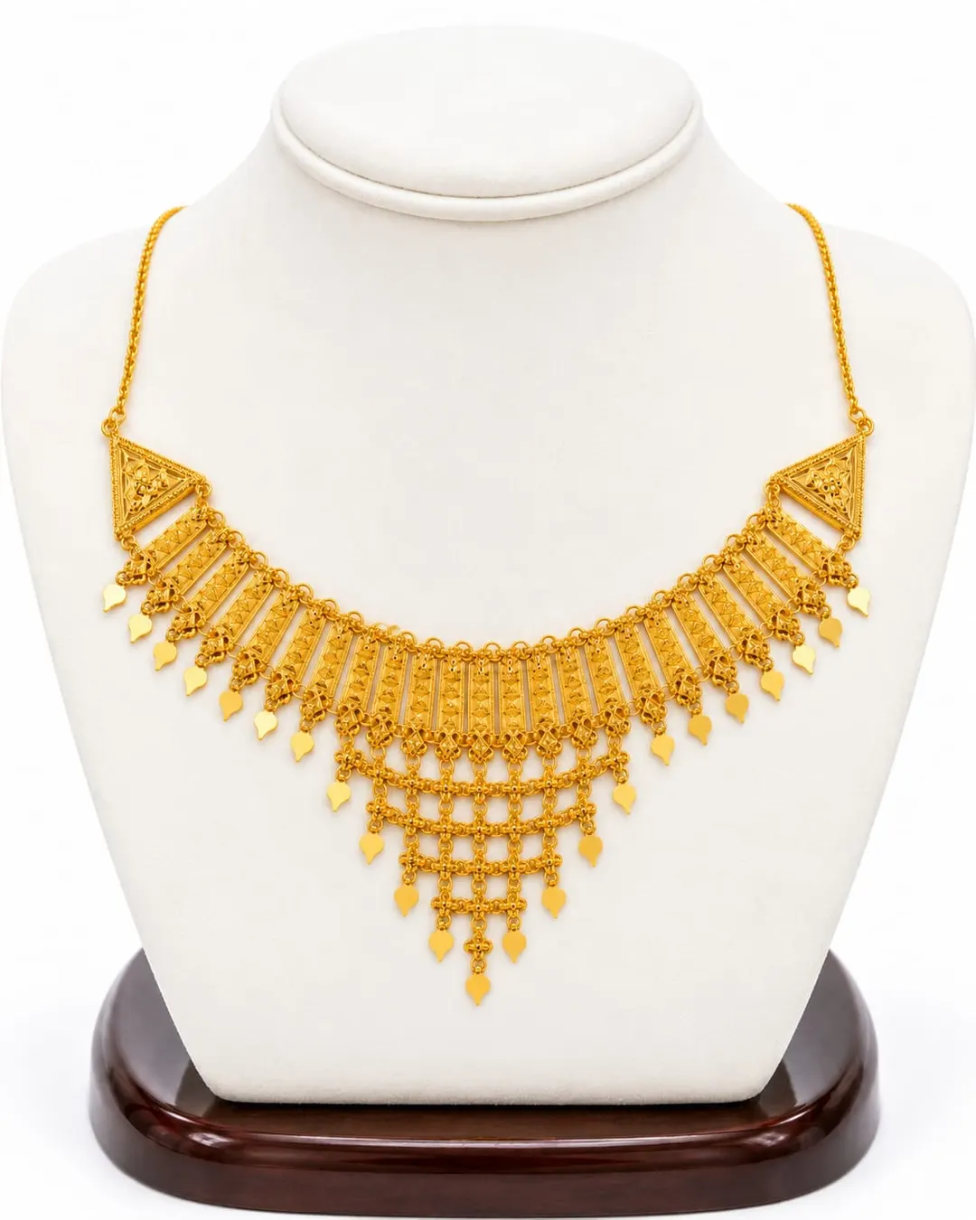 ARABIC GOLD-TONE BRIDAL BIB NECKLACE WITH INTRICATE FILIGREE DESIGN & LAYERED DANGLING TASSELS