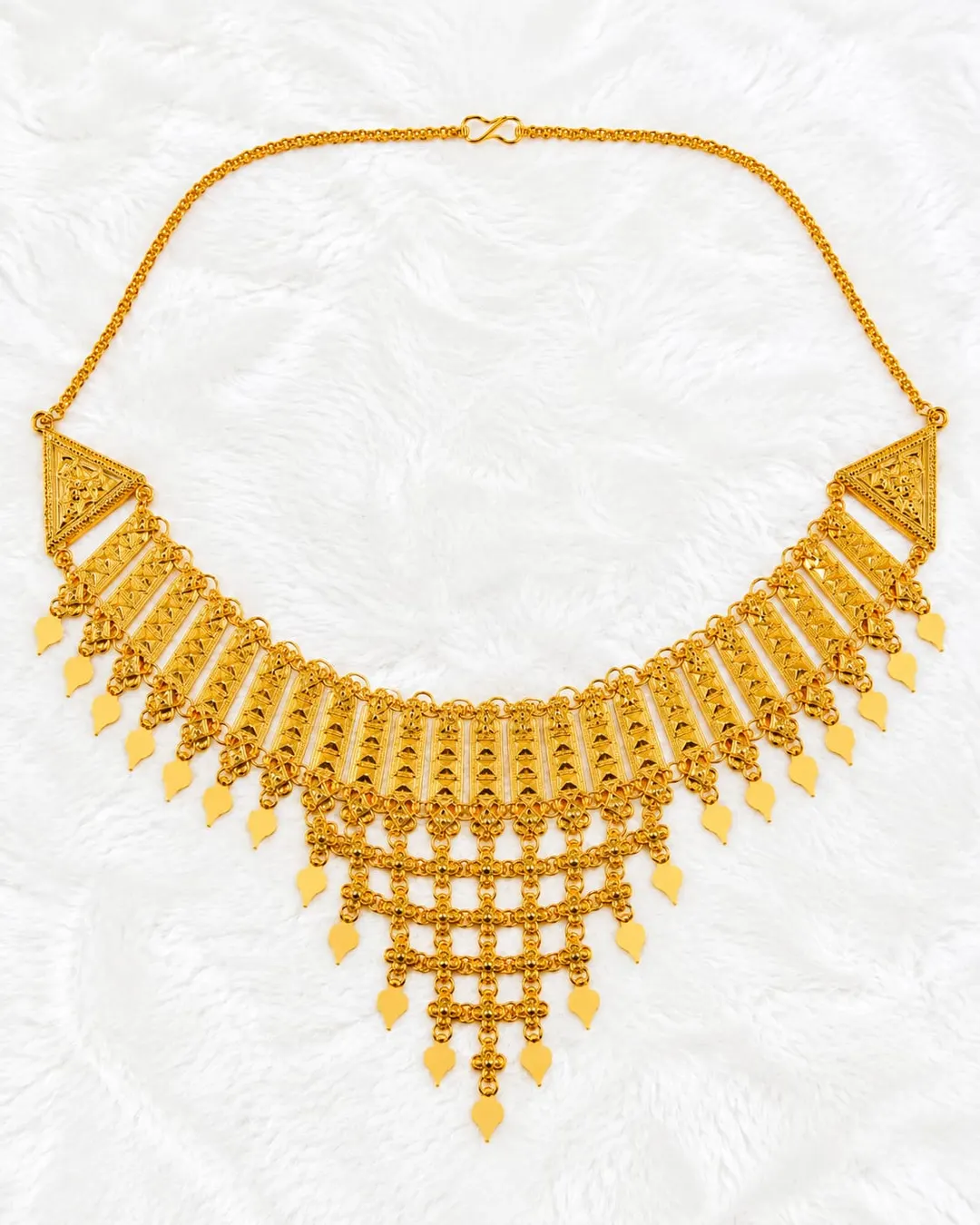 ARABIC GOLD-TONE BRIDAL BIB NECKLACE WITH INTRICATE FILIGREE DESIGN & LAYERED DANGLING TASSELS