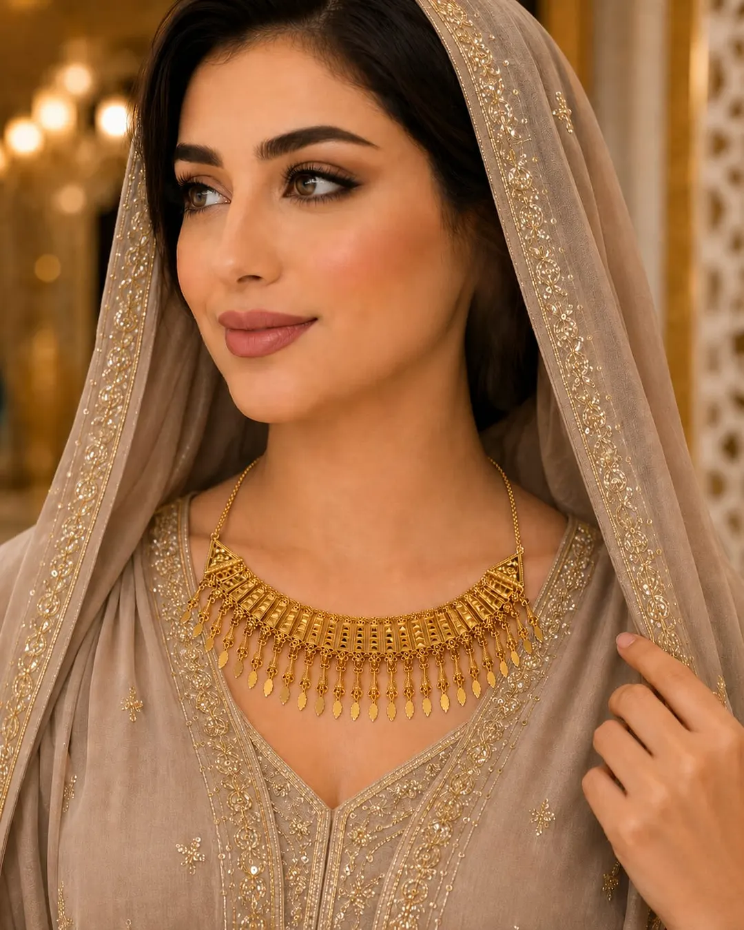 TRADITIONAL GOLD-TONE GEOMETRIC CHOKER NECKLACE WITH DANGLING LEAF CHARMS