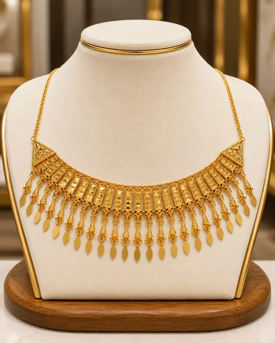 TRADITIONAL GOLD-TONE GEOMETRIC CHOKER NECKLACE WITH DANGLING LEAF CHARMS