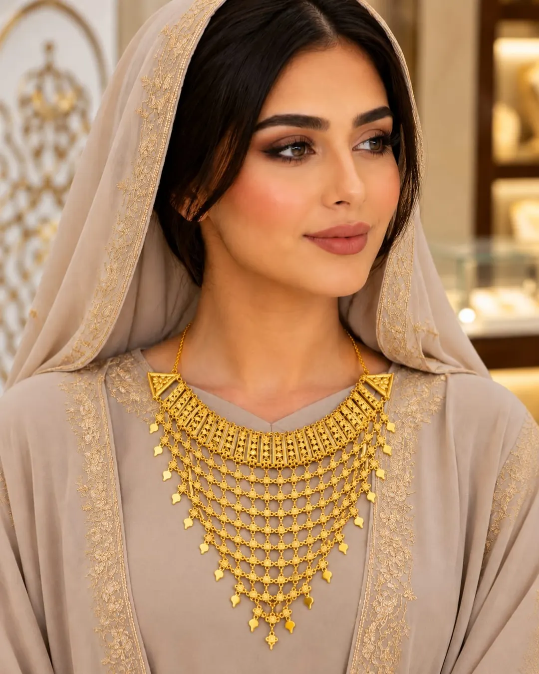 GOLD-TONE MULTI-LAYER JALI NECKLACE WITH LEAF DROPS
