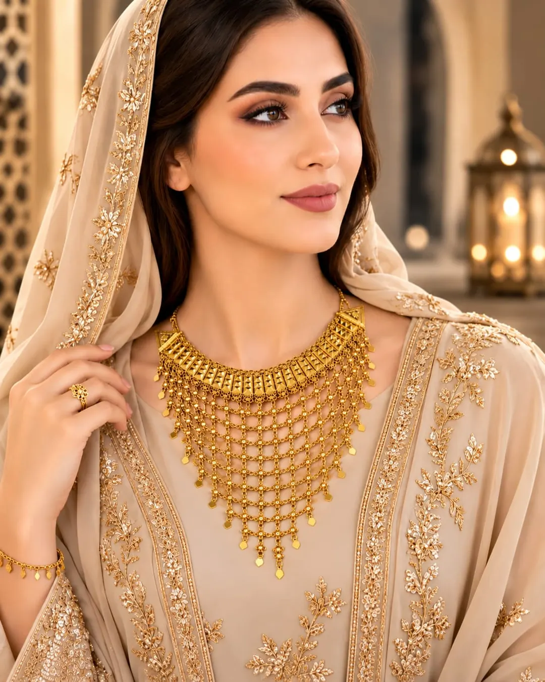 GOLD-TONE FLORAL MESH BRIDAL NECKLACE