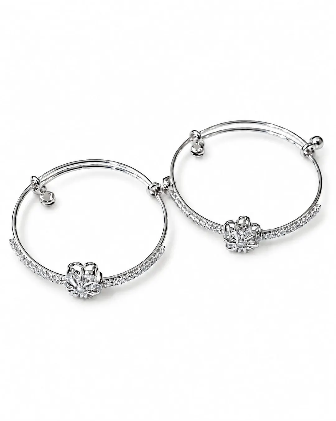 ELEGANT SILVER-TONE FLORAL CHARM BANGLES