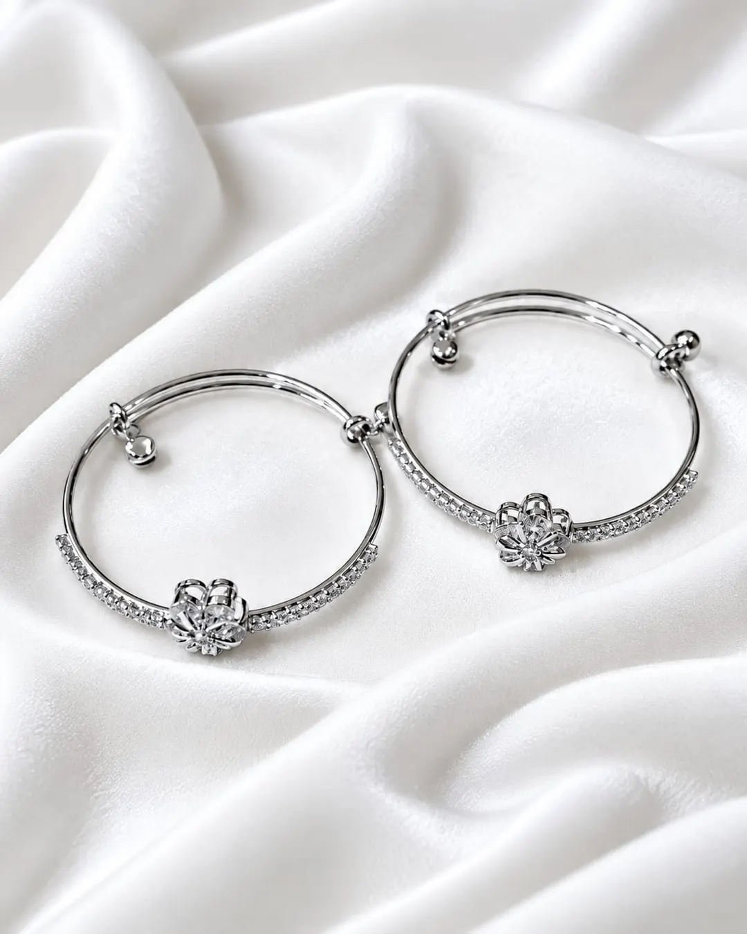 ELEGANT SILVER-TONE FLORAL CHARM BANGLES
