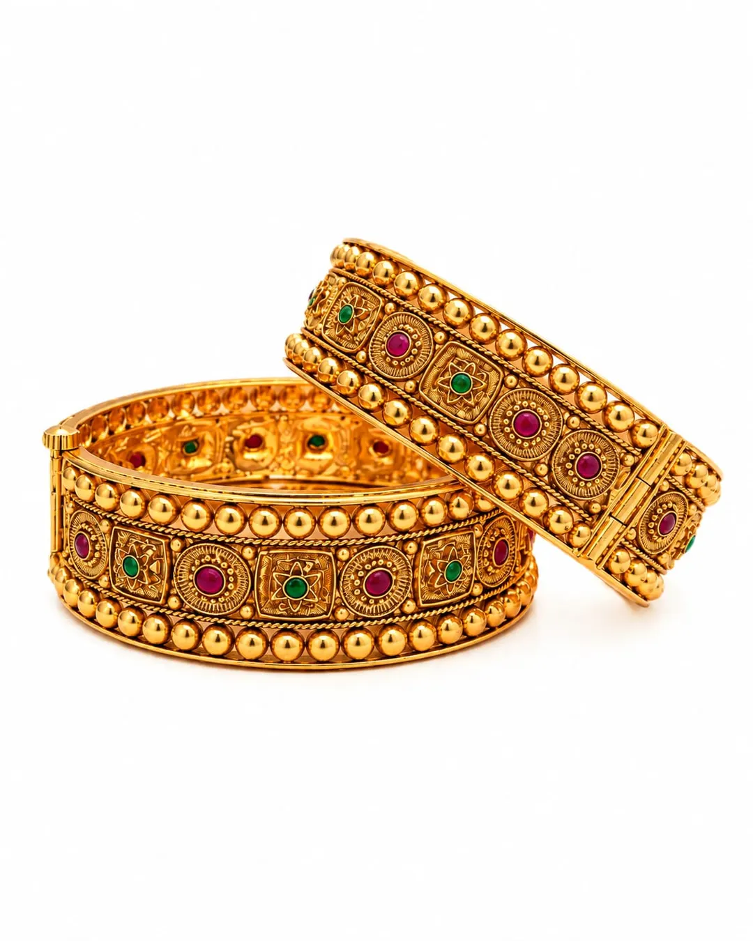 ANTIQUE GOLD-PLATED TRADITIONAL RAJWADI KUNDAN-INSPIRED RED & GREEN STONE BANGLES SET