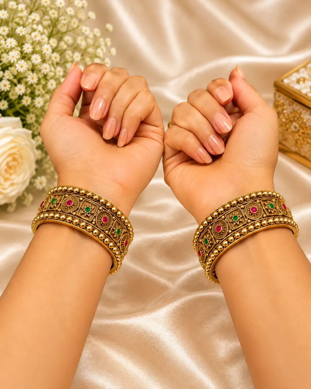 ANTIQUE GOLD-PLATED TRADITIONAL RAJWADI KUNDAN-INSPIRED RED & GREEN STONE BANGLES SET