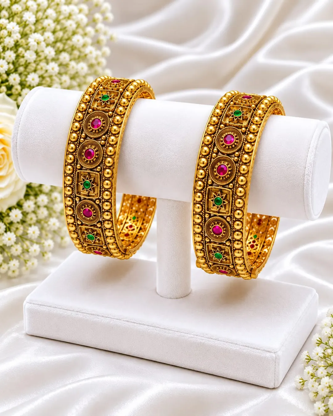 ANTIQUE GOLD-PLATED TRADITIONAL RAJWADI KUNDAN-INSPIRED RED & GREEN STONE BANGLES SET
