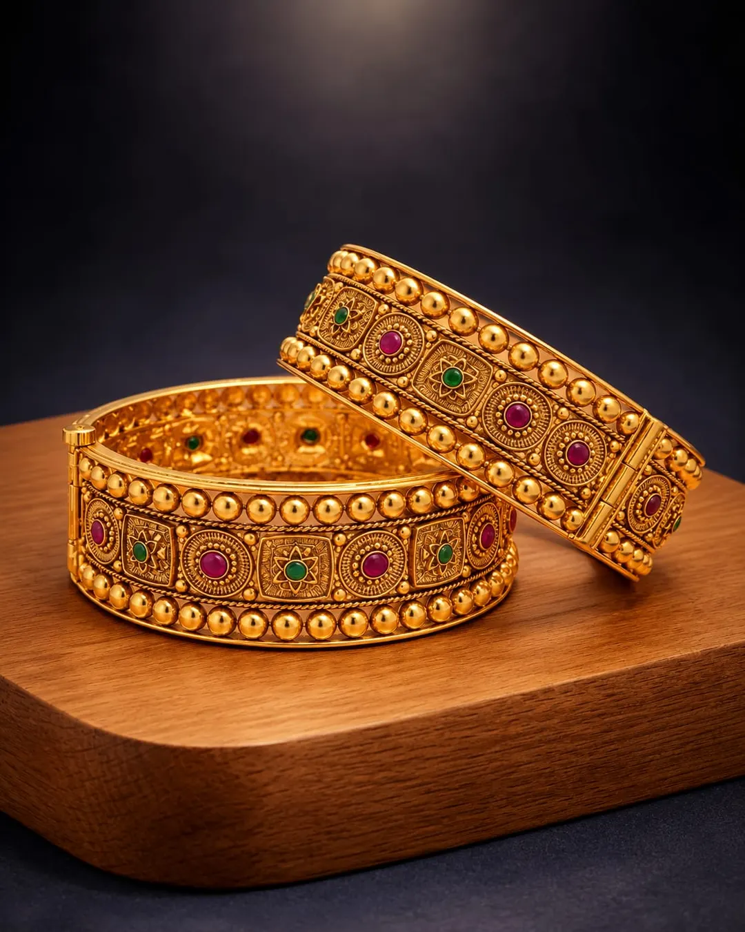 ANTIQUE GOLD-PLATED TRADITIONAL RAJWADI KUNDAN-INSPIRED RED & GREEN STONE BANGLES SET