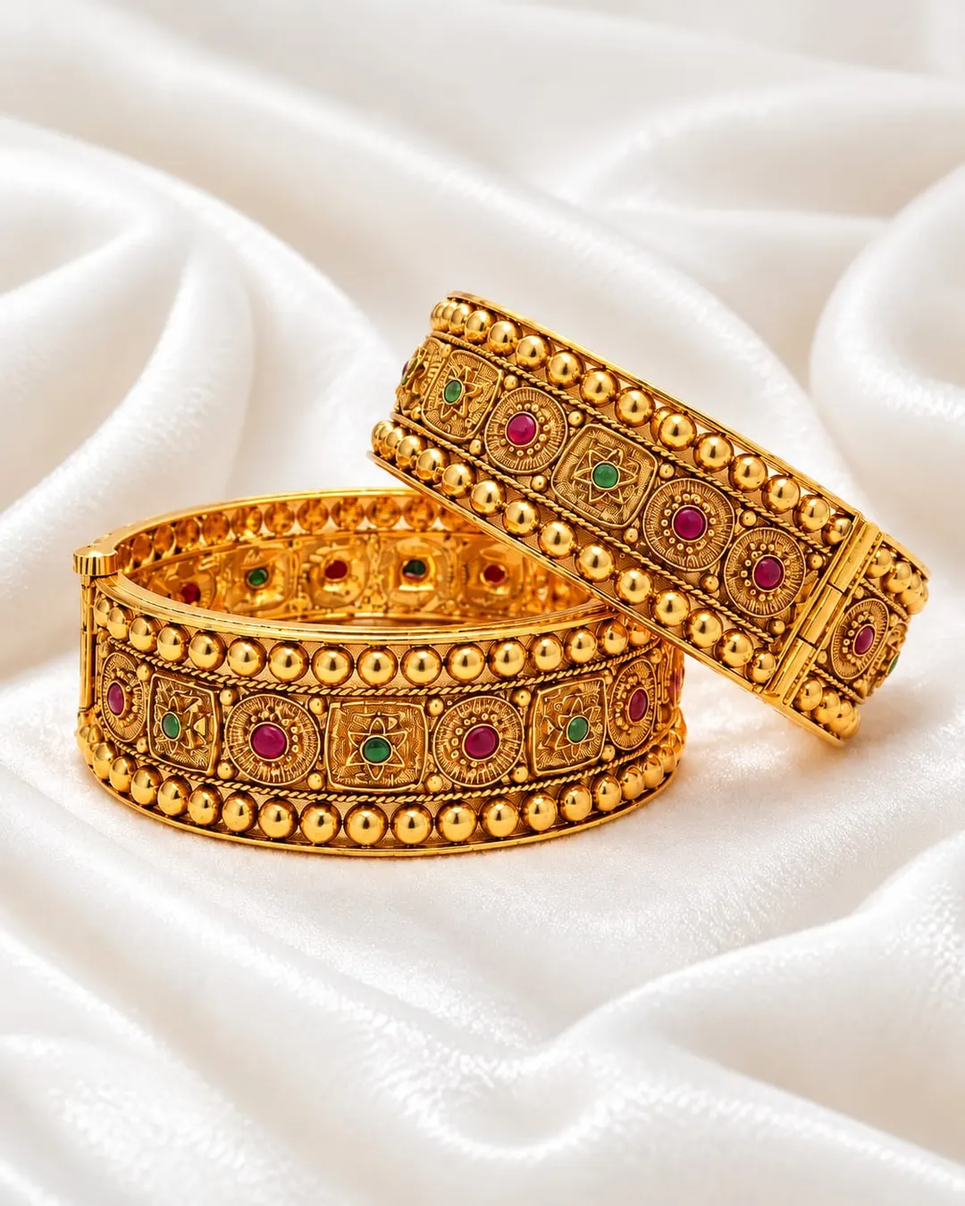 ANTIQUE GOLD-PLATED TRADITIONAL RAJWADI KUNDAN-INSPIRED RED & GREEN STONE BANGLES SET