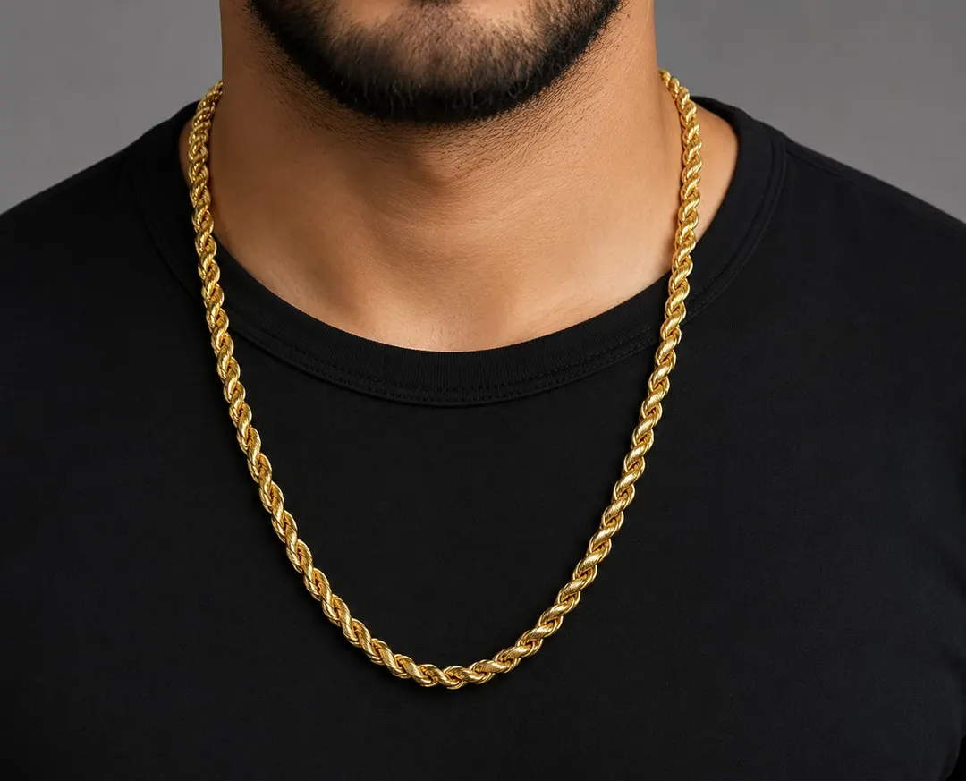ELEGANT GOLD TONE TWISTED ROPE CHAIN NECKLACE MEN