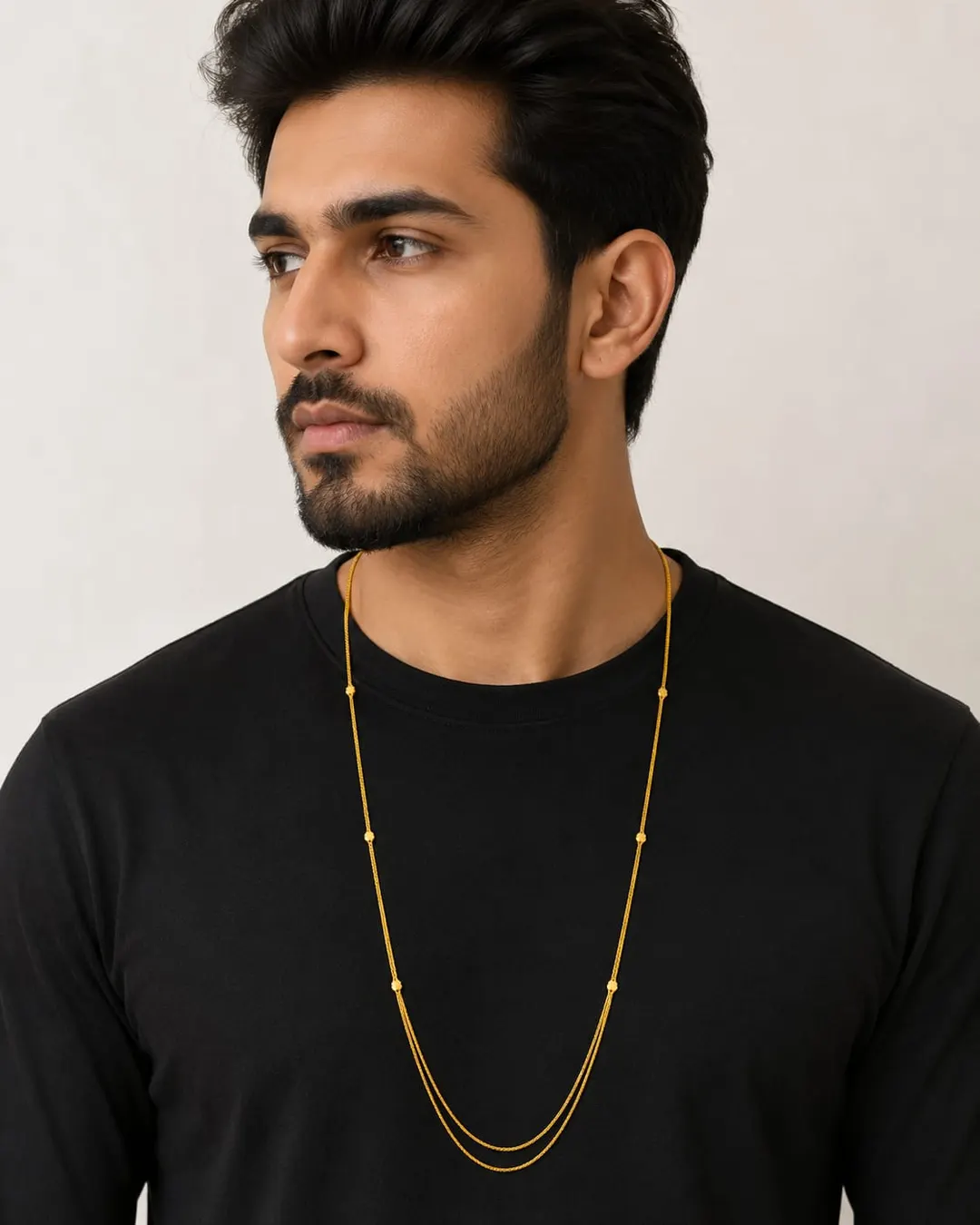 ELEGANT GOLD-TONE DOUBLE LAYER CHAIN WITH ORANGE BEADS MEN