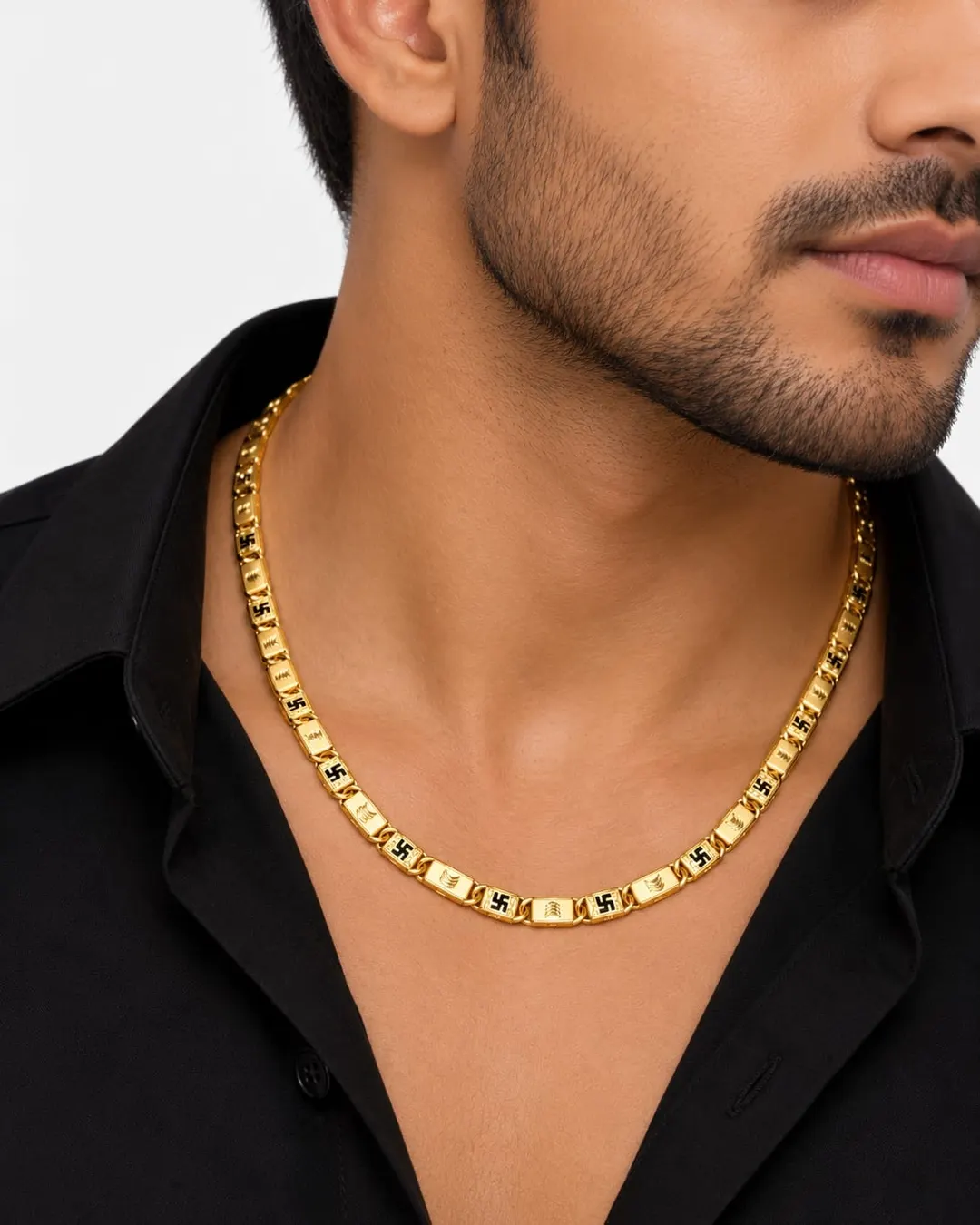 GOLD-TONE SWASTIK DESIGN RECTANGULAR LINK CHAIN MEN