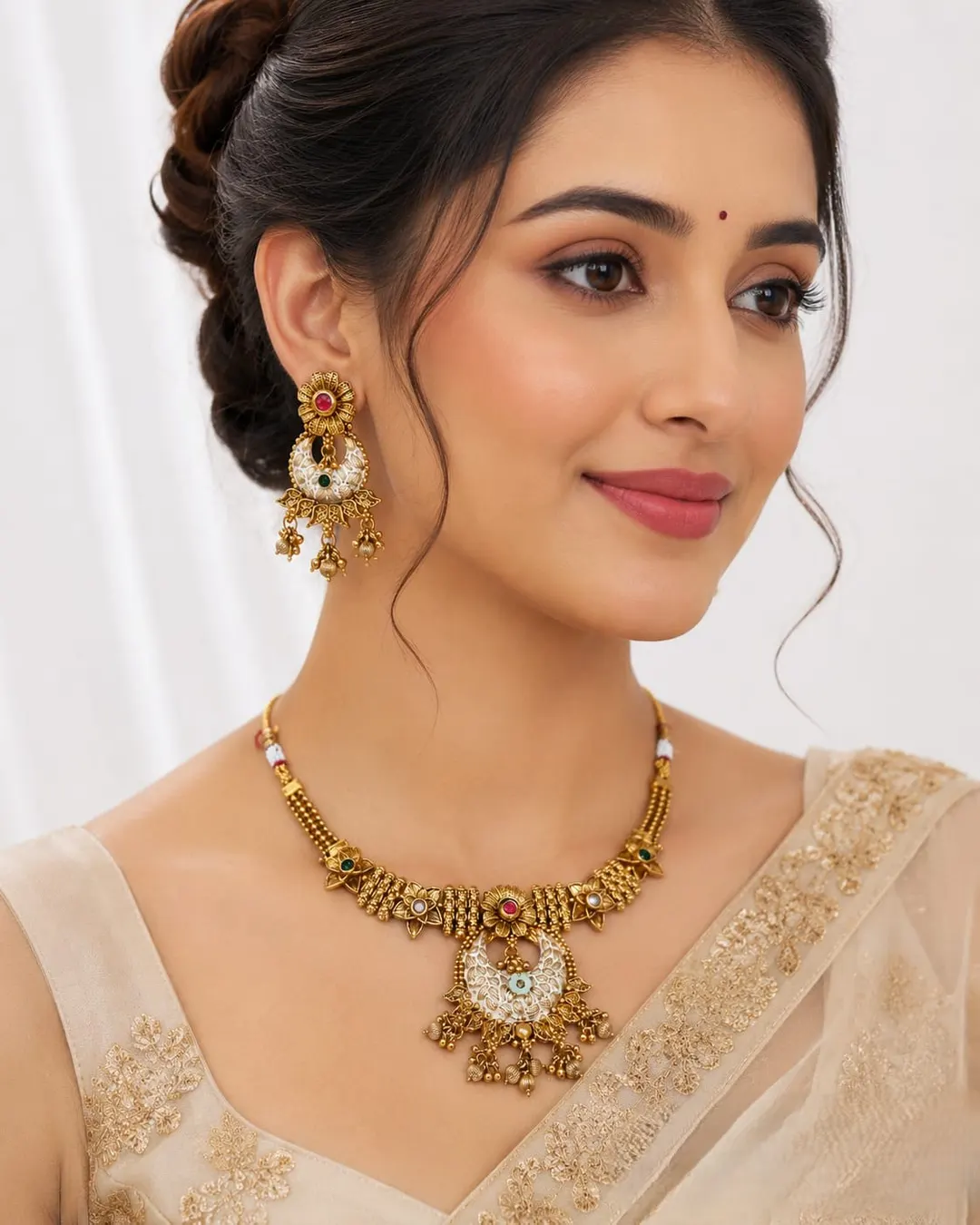 ANTIQUE GOLD-TONE FLORAL KUNDAN NECKLACE WITH JHUMKA EARRING SET