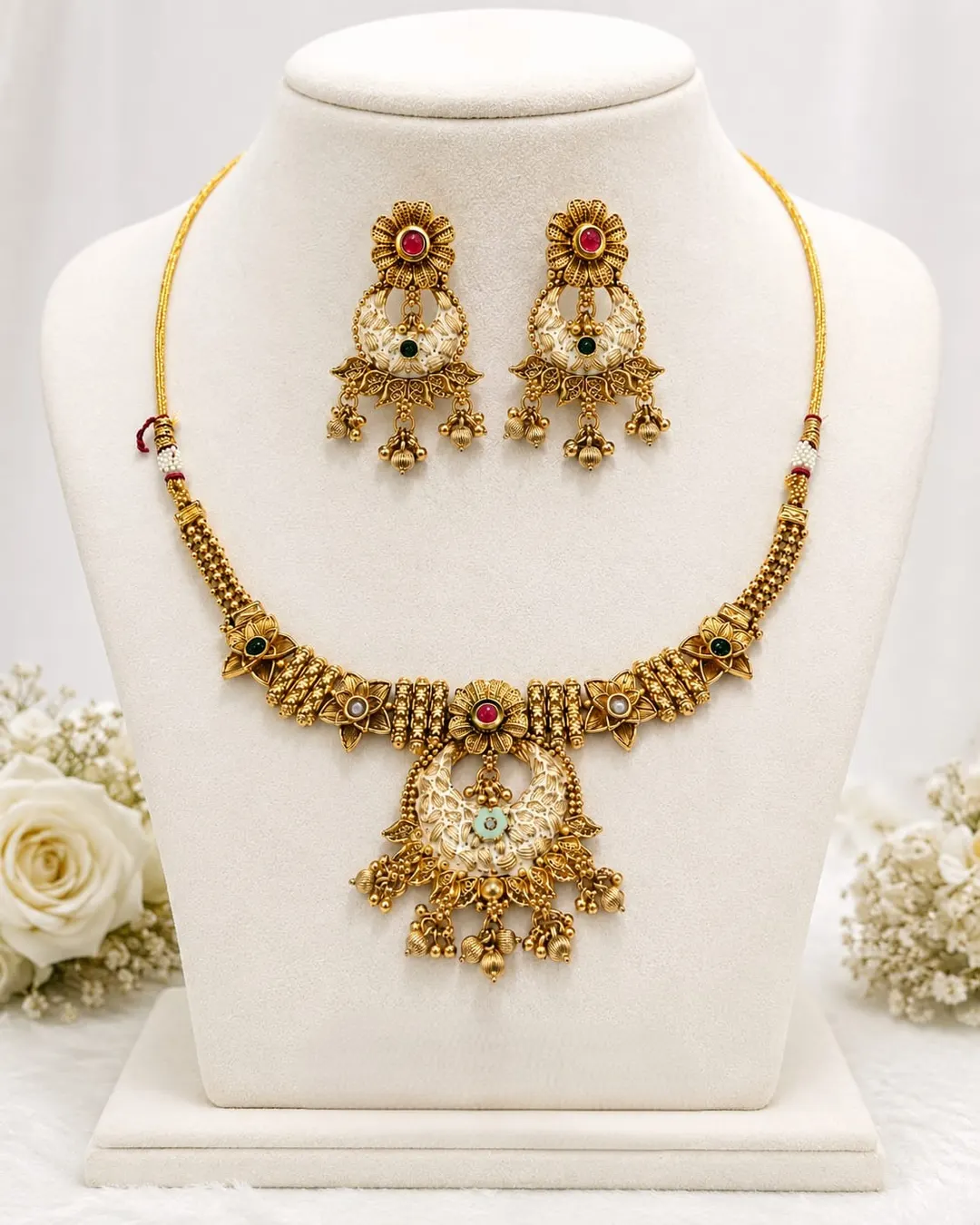 ANTIQUE GOLD-TONE FLORAL KUNDAN NECKLACE WITH JHUMKA EARRING SET