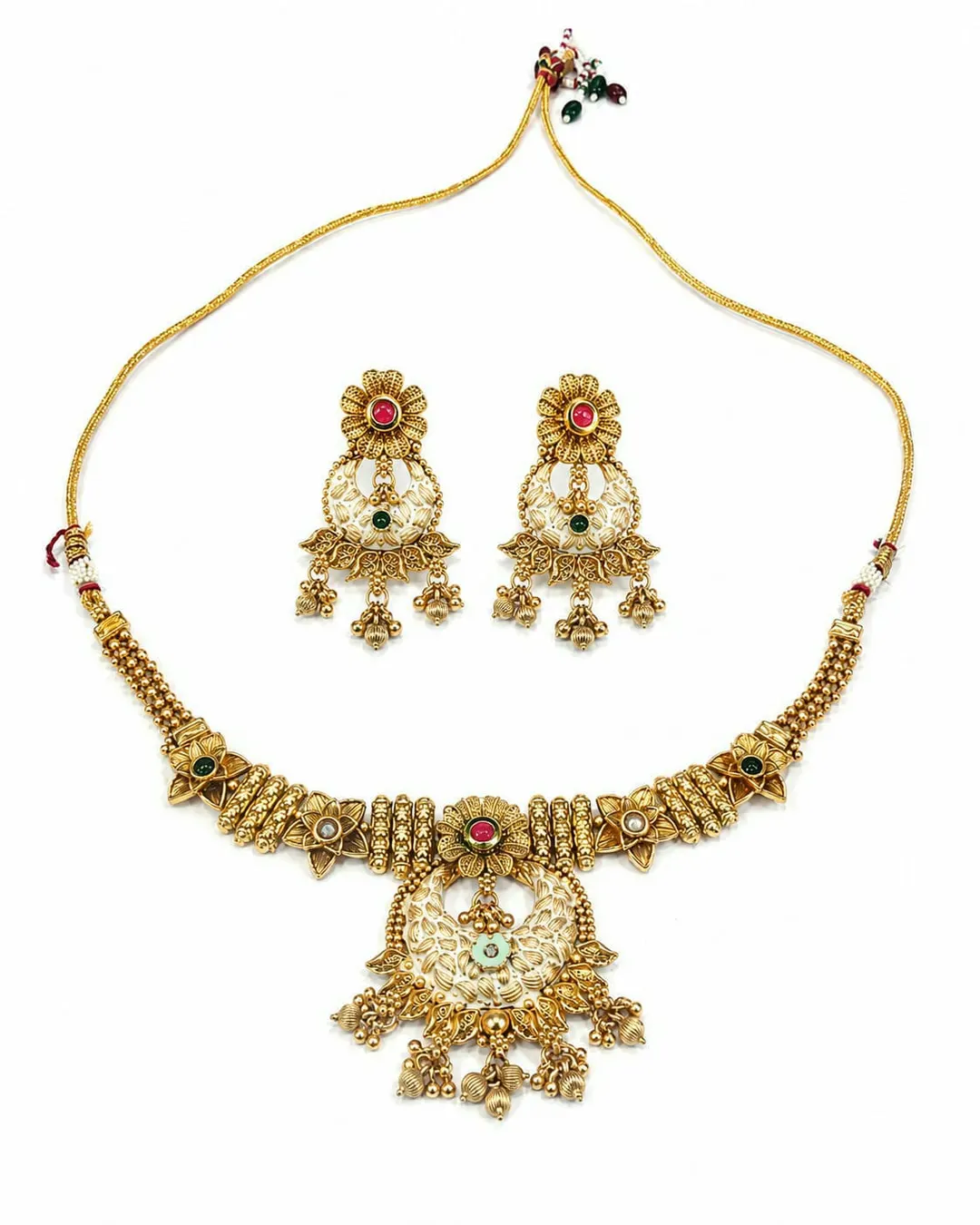 ANTIQUE GOLD-TONE FLORAL KUNDAN NECKLACE WITH JHUMKA EARRING SET