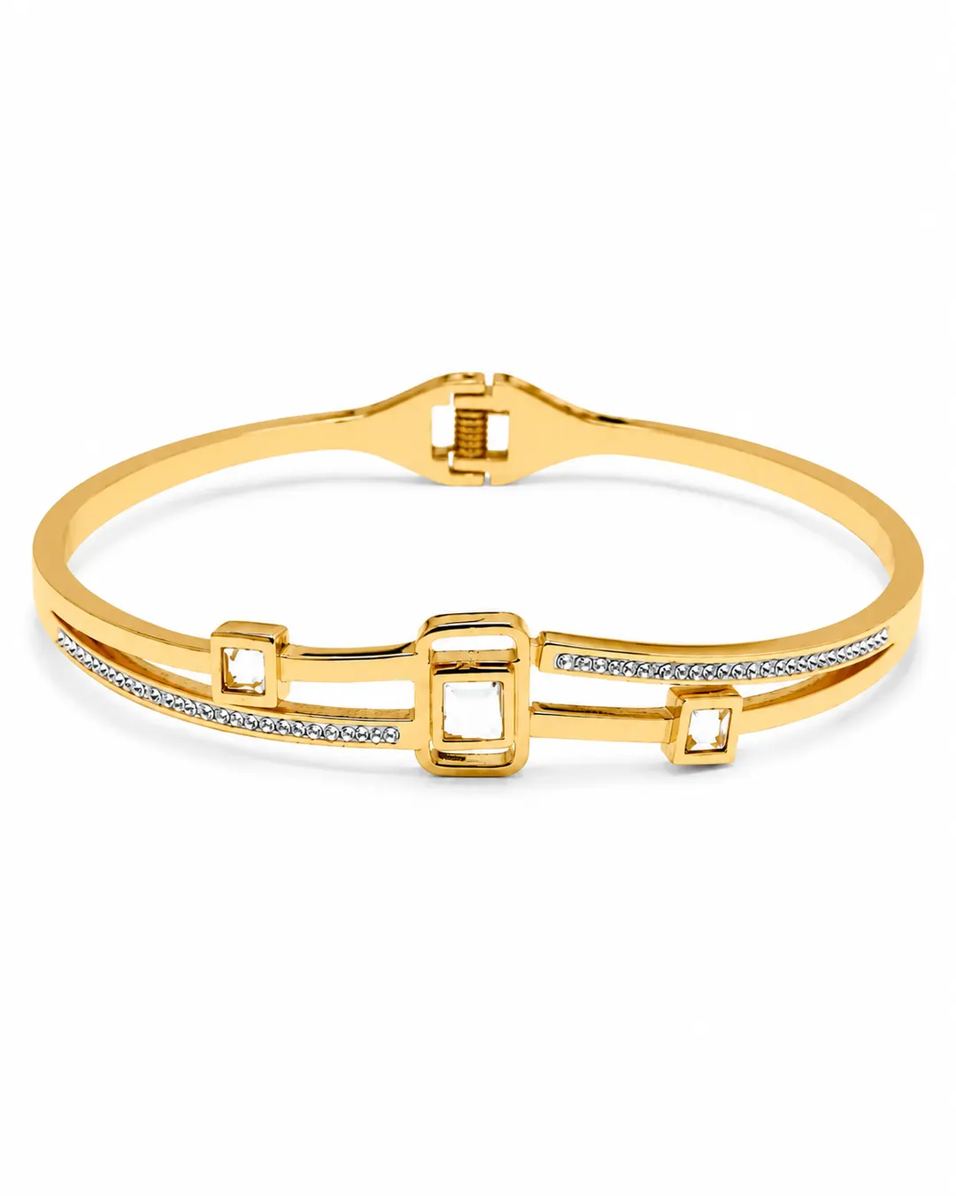 GOLD PLATED FINISHES , DUAL- BAND STRUCTURES, AND GEOMETRIC STONE ACCENTS.