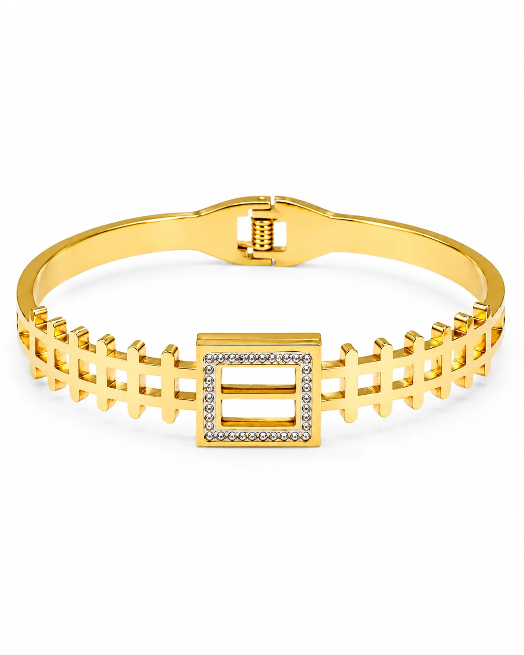 GOLD PLATED GEOMETRIC CRYSTAL BRACELETS AND STRUCTURED CUFFS.
