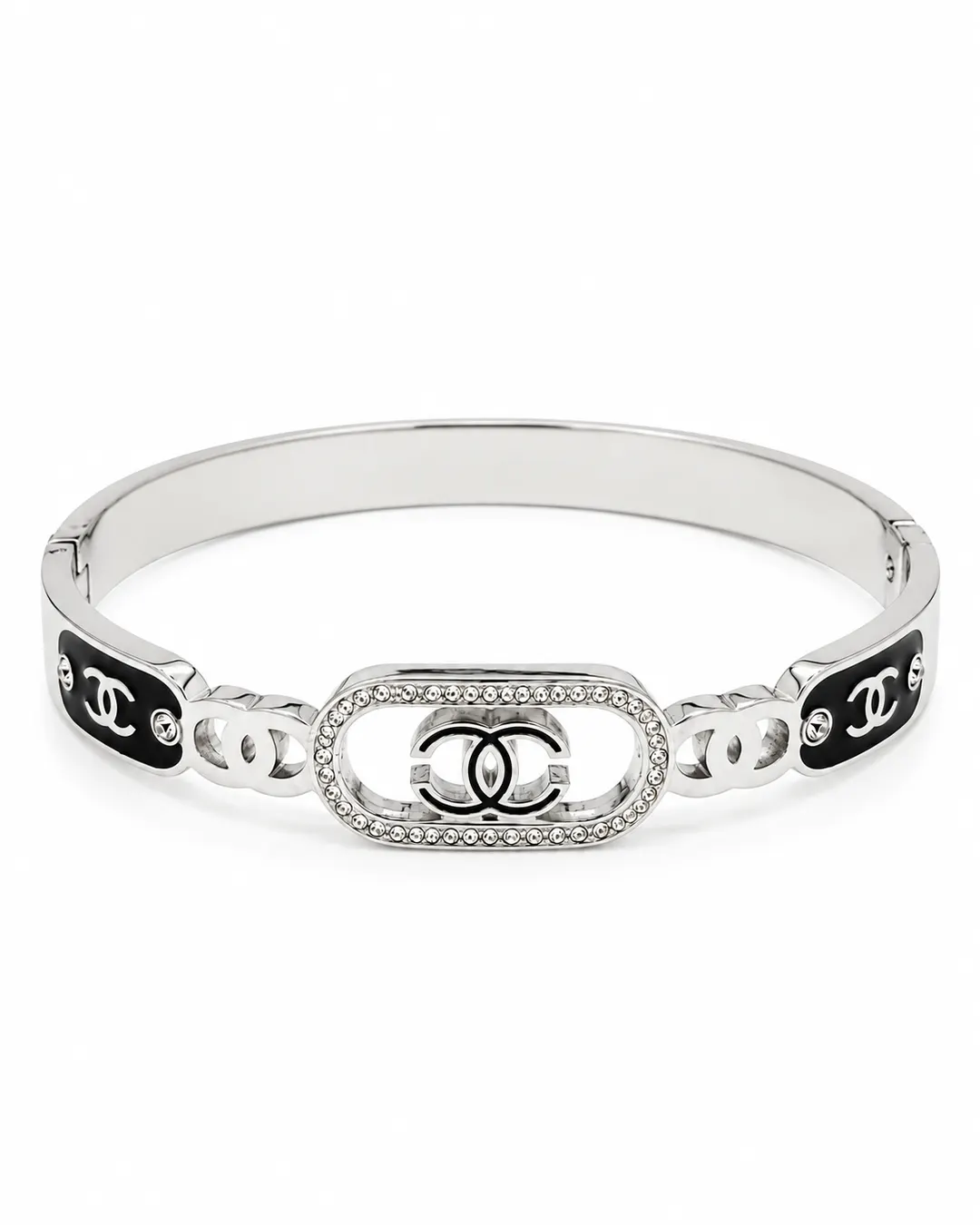 CHANEL INSPIRED ENAMEL & RHINESTONE CC LOGO BRACELET.
