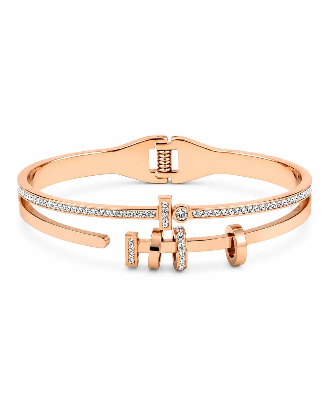 ROSE GOLD PLATED TITANIUM STAINLESS STEEL HINGED BRACELET.