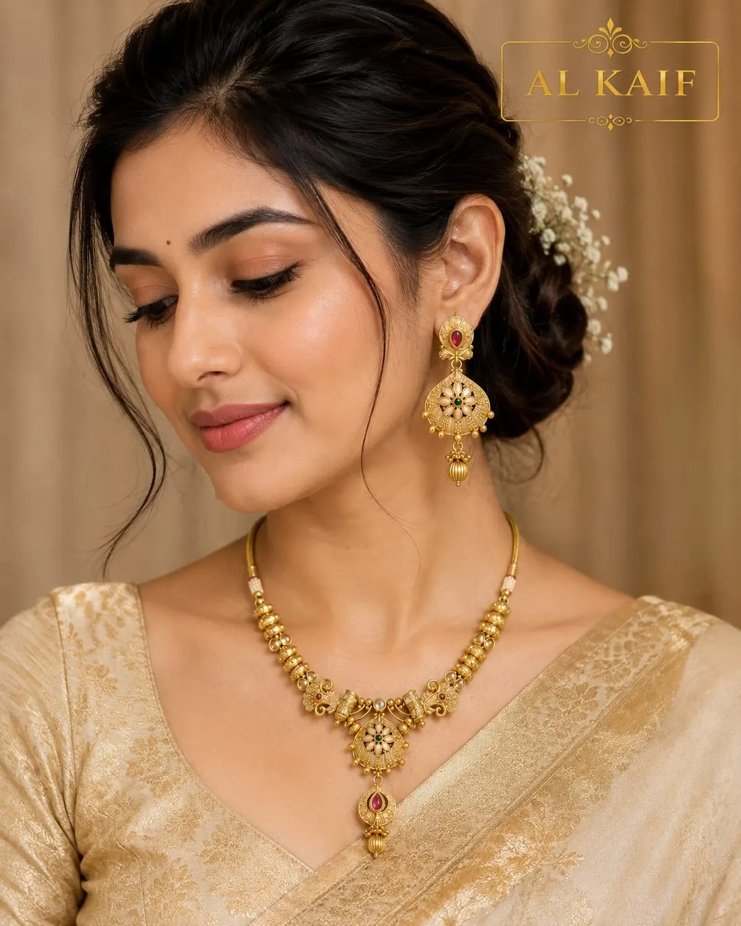 ROYAL ANTIQUE GOLD FLORAL PENDANT NECKLACE & JHUMKA EARRINGS SET