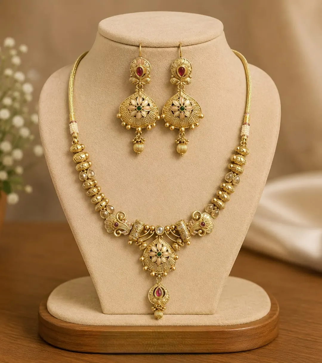 ROYAL ANTIQUE GOLD FLORAL PENDANT NECKLACE & JHUMKA EARRINGS SET