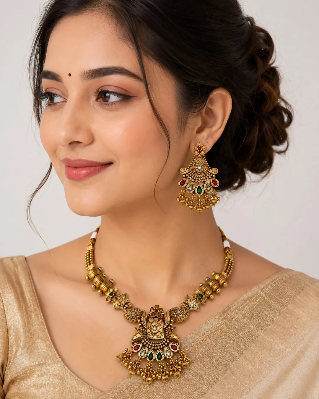 ROYAL ANTIQUE GOLD MULTICOLOR STONE CHOKER NECKLACE & EARRINGS SET